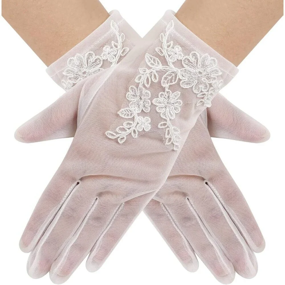Women's Lvory 06 Floral Short Length Lace Tulle Mesh Wrist Wedding Party Gloves